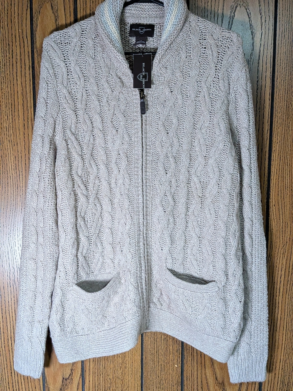 Black Brown 1826 Beige Cable-Knit Zip Cardigan Large Brand New With Tags